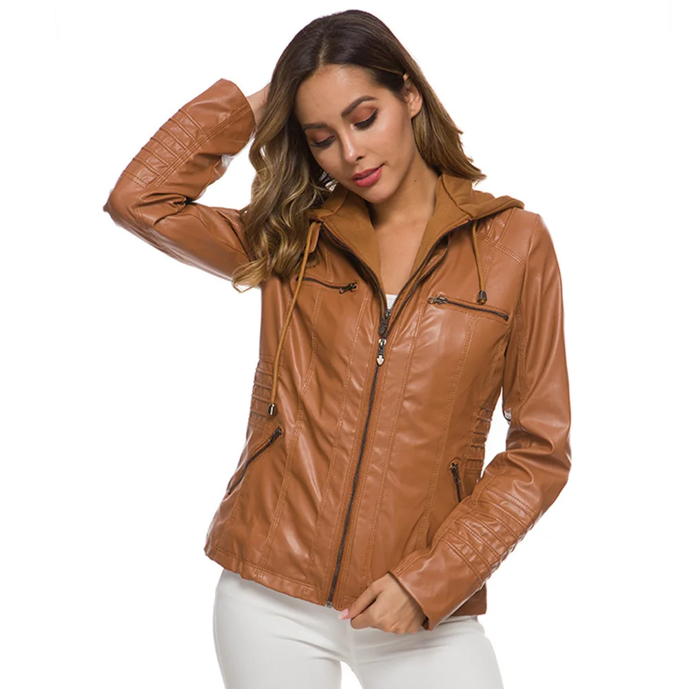2025 Fashion Jacket Lapel Solid Color Zipper Leather Jacket Large Size Short Jacket Women's Europe and America
