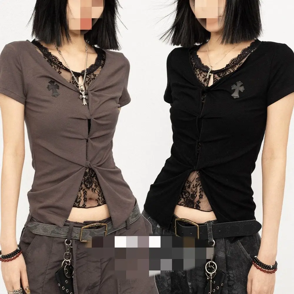 

American Spice Girl Black Short Sleeve Top Lace Splicing Slim Fit Diablo T-Shirt Summer