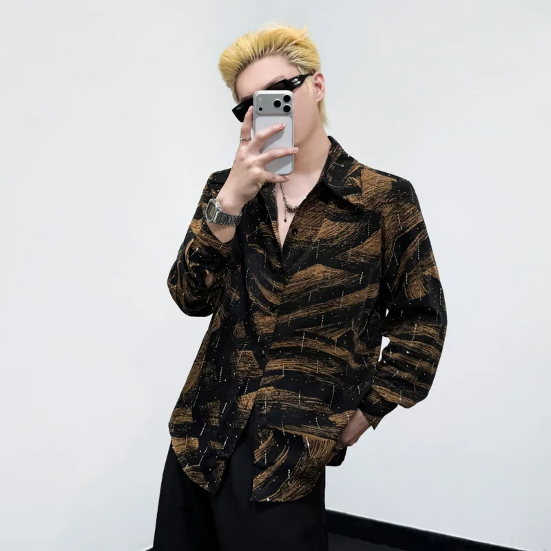 WVGA Autumn New Men Korean Style Printed Trendy Long Sleeve Shirt Unique Diamond Embellishments Niche Chic Casual Top Ins W27292