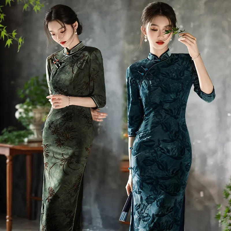 

Улучшенное Cheongsam в китайском стиле в национальном стиле, новое облегающее платье с длинными рукавами в стиле ретро для молодых женщин, весенне-осеннее платье Qipao