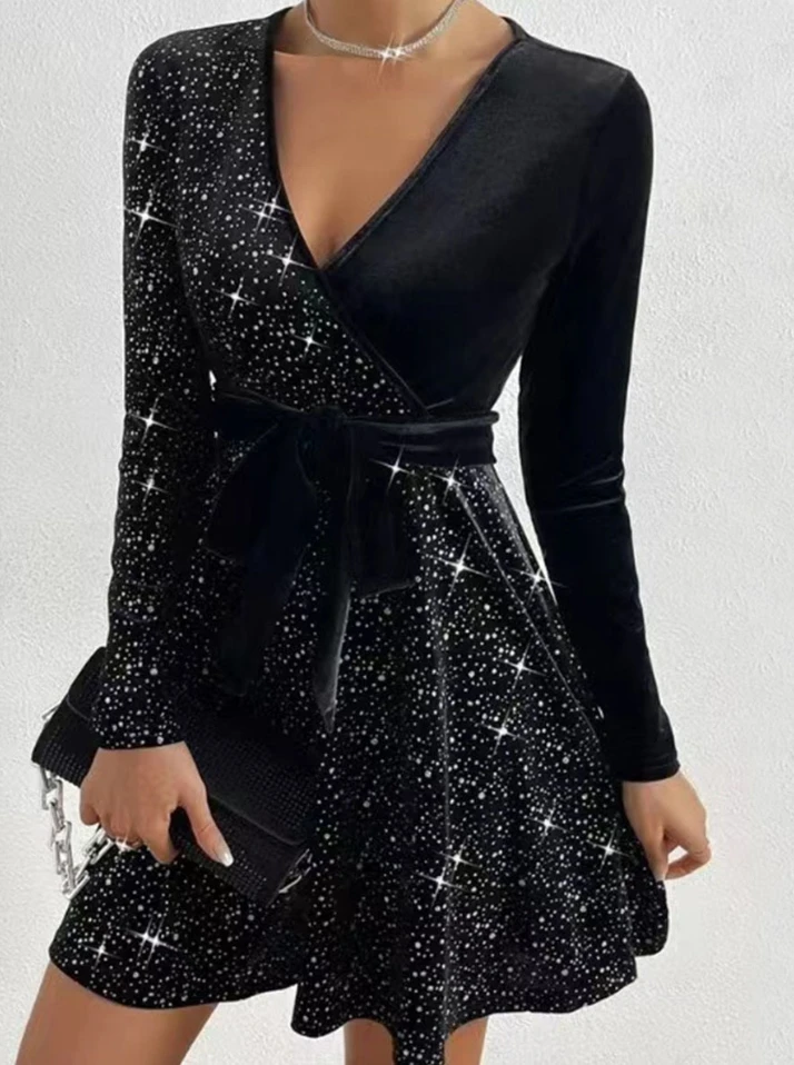 Women\'s Sexy V-Neck Wrap Hip Irregular Mini Dress Temperament Commuting Lace Up Design Woman Long Sleeve Sequin Elegant Dresses