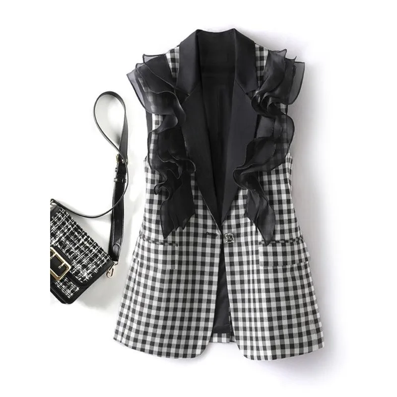 

2024 Autumn New Chinese Vest Women Vintage Suit Plaid Casual Splicing Flounces Sleeveless Jacket Vests Outwear Female