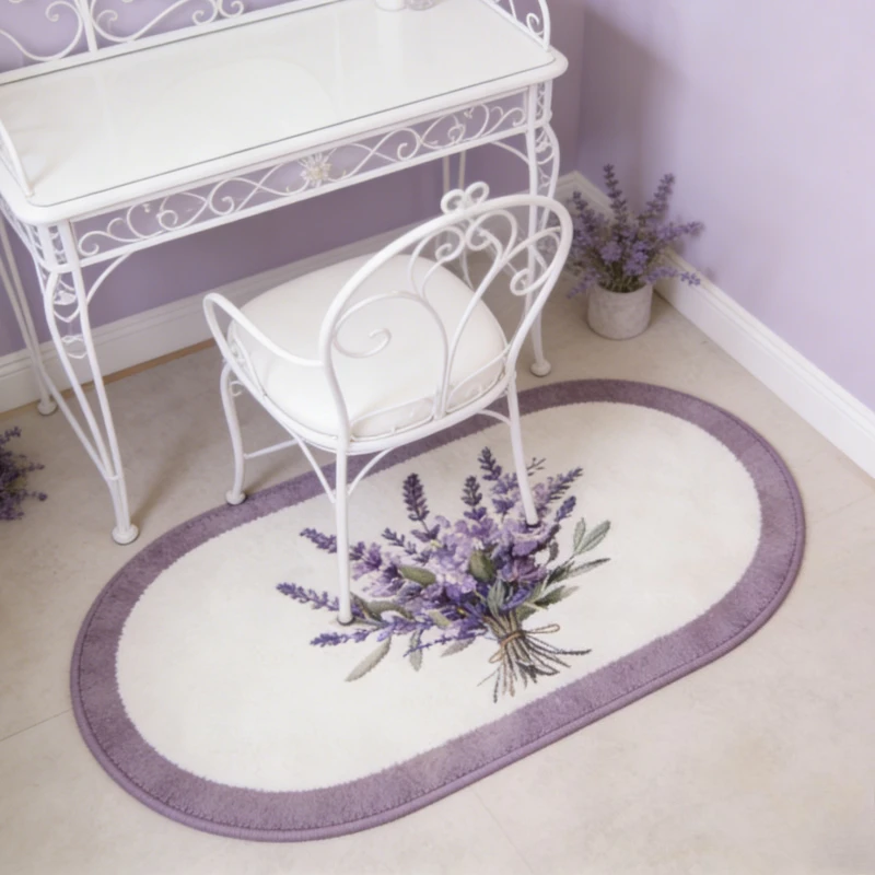 VIKAMA Lavender Oval Rug French Floral Botanical Flannel Non Slip Soft Plush Floor Mat Bedroom Living Room Vanity Home Decor