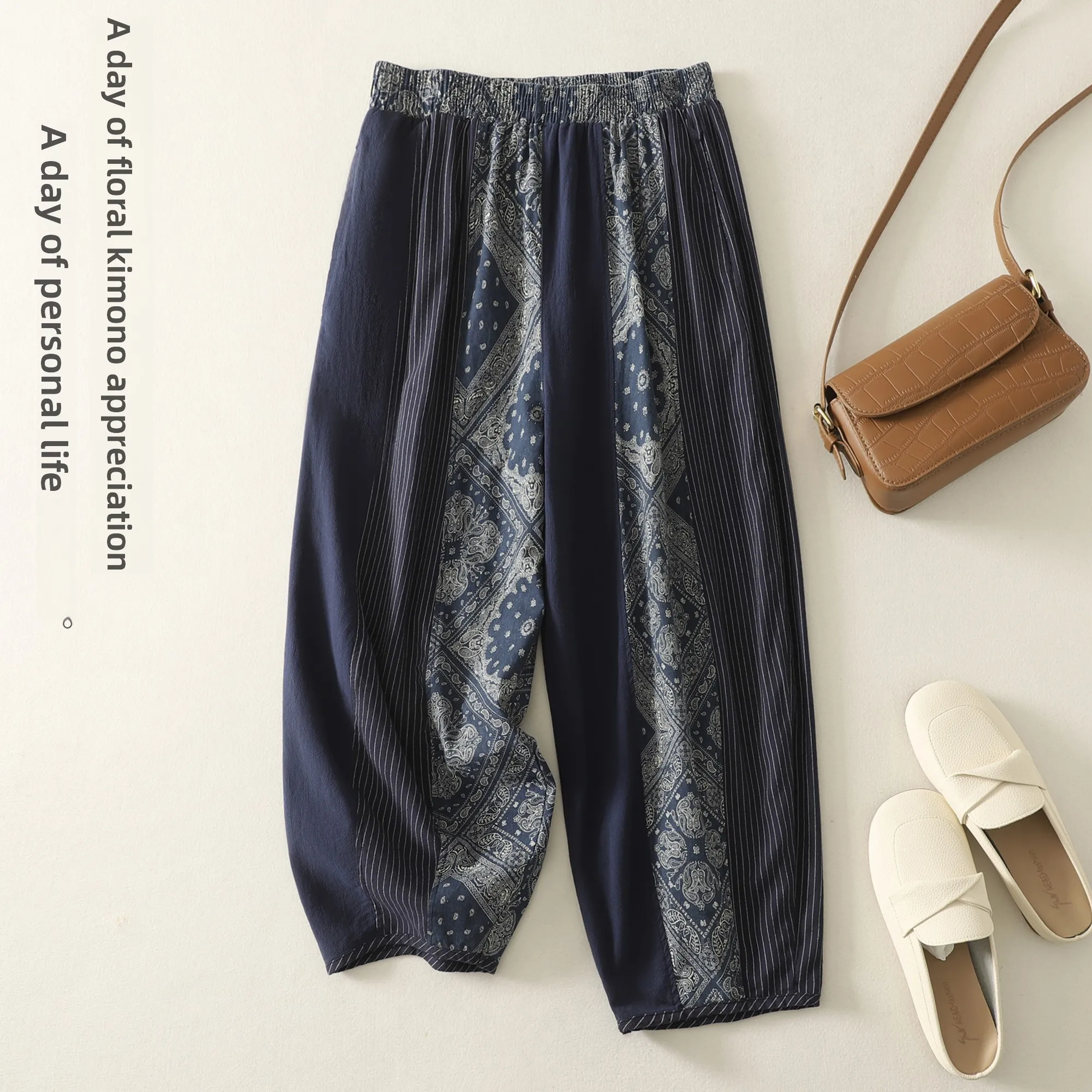 Luźne spodnie haremki z bawełny i lnu z elastyczną talią, cienkie, damskie, wyszczuplające, uniwersalne, na sezon letni, z regulacją w pasie.