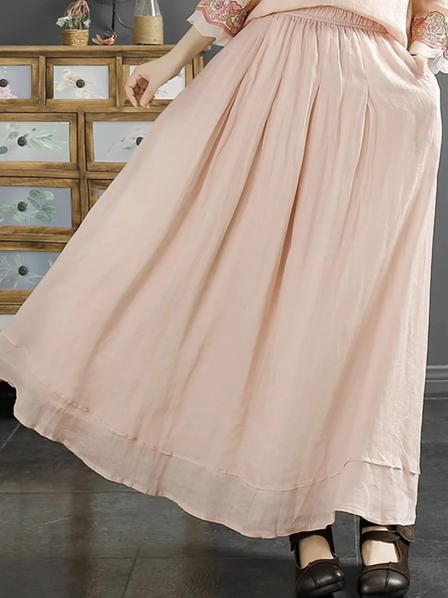 

Художественная винтажная хлопково-льняная юбка, женская летняя эластичная талия, однотонная сказочная юбка с высокой талией, длинная трапециевидная юбка...