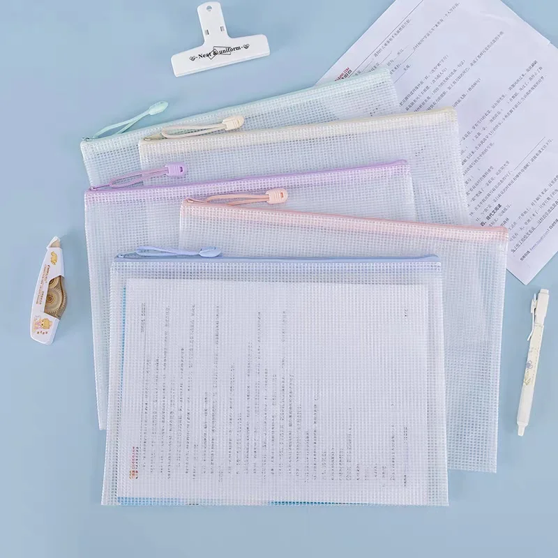 

5pcs A4 Zipper Bag Macaron Light colored Grid Bag Document Bag Zipper Thickened Waterproof Stationery Storage Bag