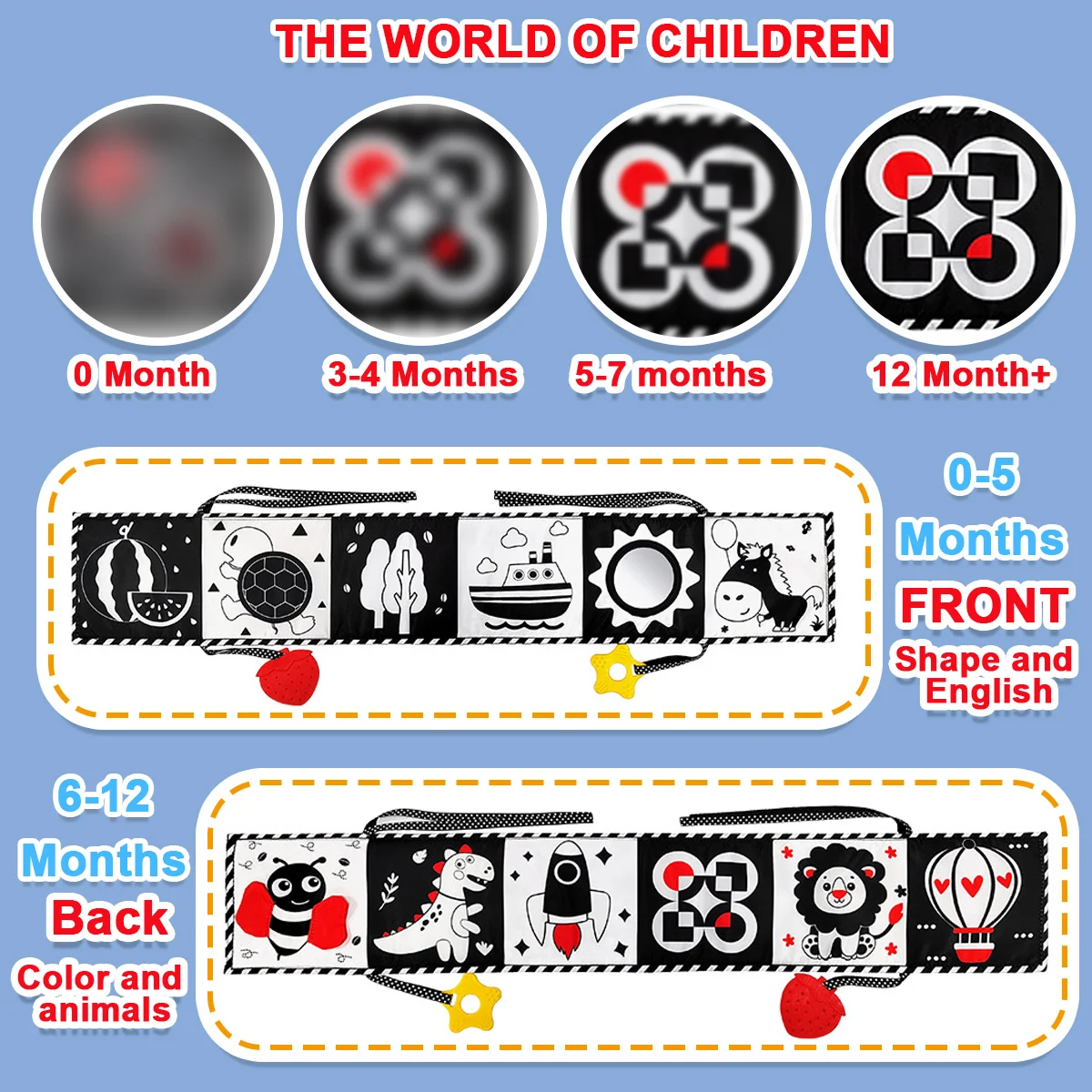 ソフトベビーブック - 高コントラストの白黒触感布絵本、乳幼児向け、女の子と男の子へのギフト