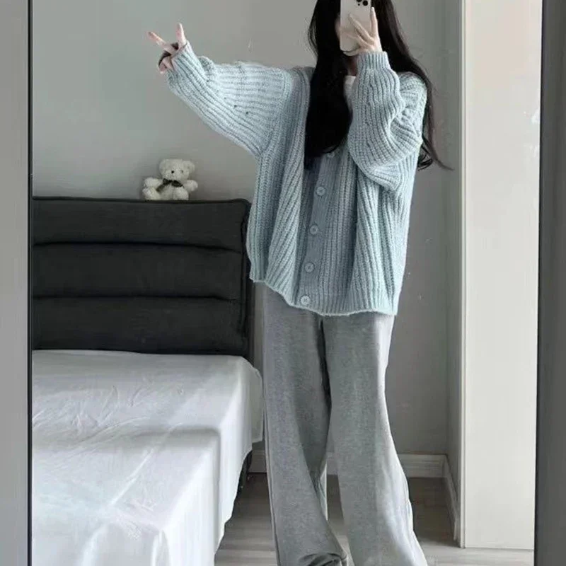 Rimocy Sweet Pink Knitted Cardigan Sweater Women Korean Long Sleeve V Neck Cardogans Woman Wild Button Up Jumper Coat Female