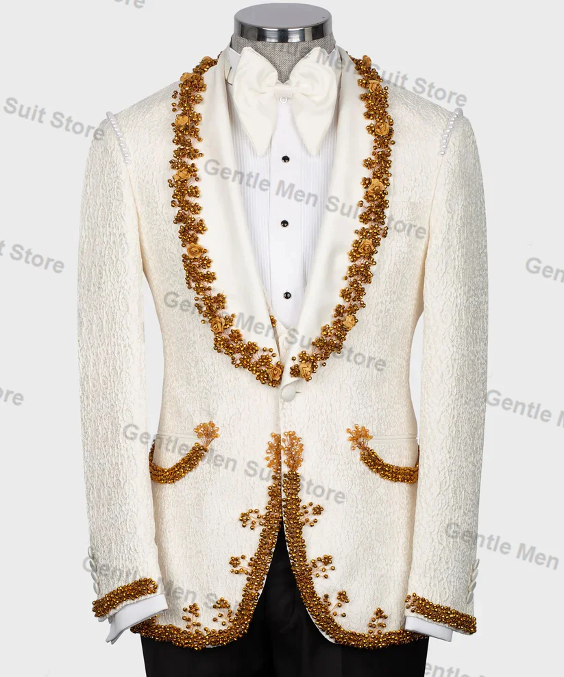 White Jacquard Men Suits Set 3 Piece Blazer+Vest+Pant Prom Groom Wedding Tuxedo Coat Tailored Made Golden Beaded Office Jacket