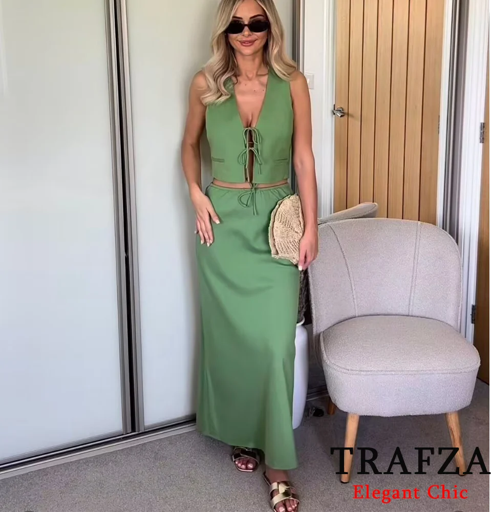 TRAFZA Casual Lace-up Solid Vest Set Women's New 2024 Summer Fasion Holiday Skirt Set Sleeveless Vests with Elastic Waist Skirt