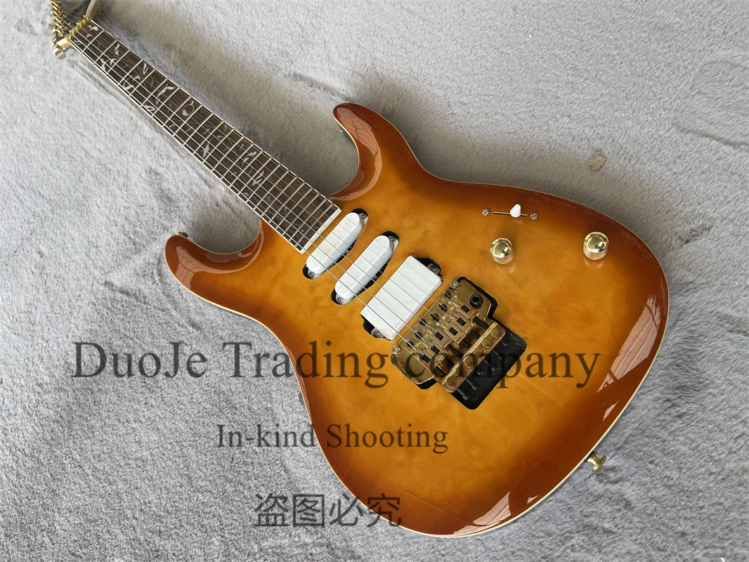 Sunset Electric Guitar Pens Body Squilted Maple Top Tremolo Bridge White closed pickup Rose wood fretboard Life Tree Inlaid Gold