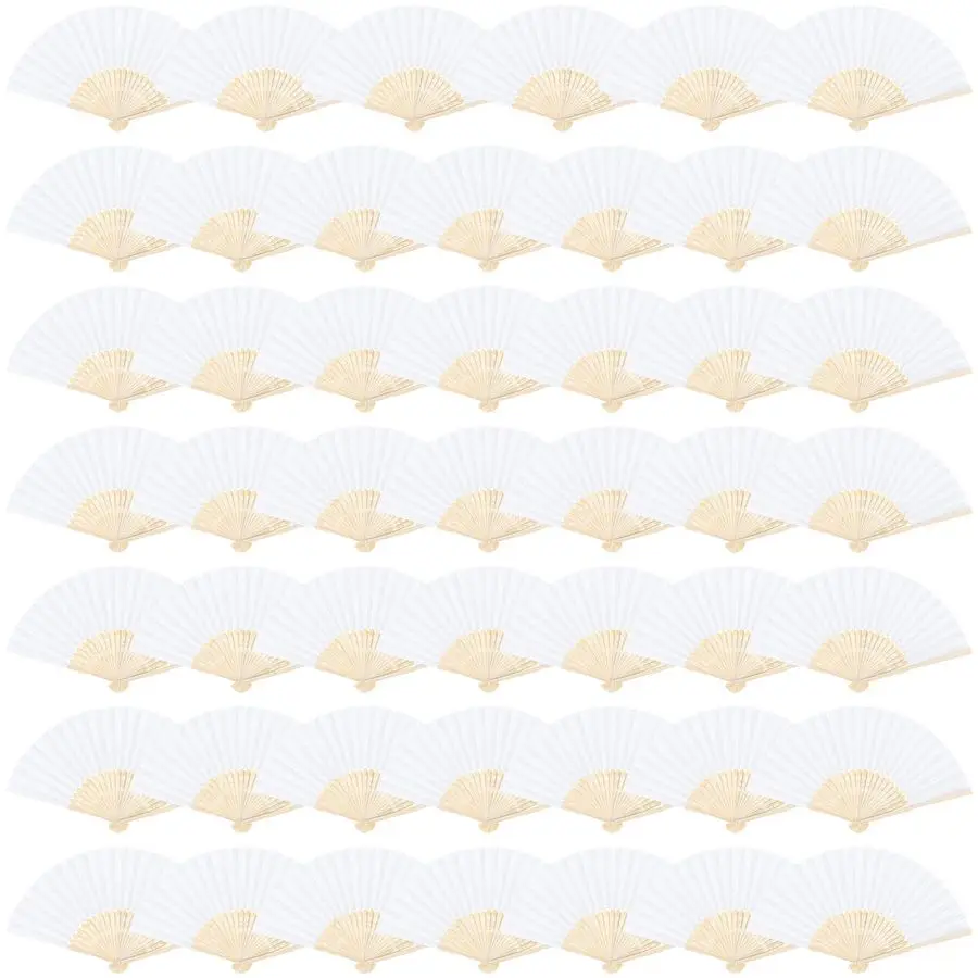 

48 Pieces Handheld Paper Fans Paper Folding Fans with Bamboos for Wedding Gift, Party, Home, DIY, White