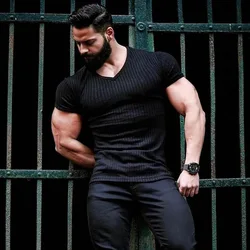Men V Neck Short Sleeve T Shirt Slim Fit Sports Strips T-shirt Male Solid Fashion Tees Tops Summer Knitted Gym Fitness Clothing