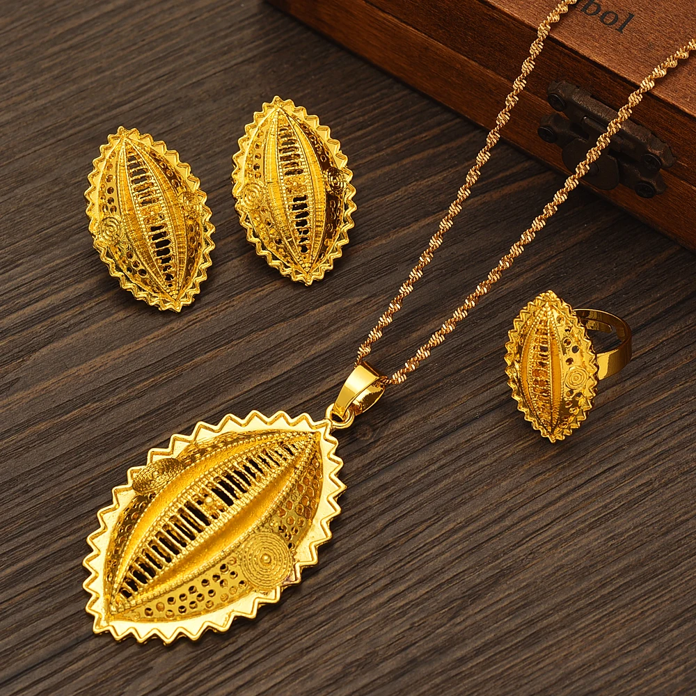 Ethiopian Gold Color Pendant Necklaces Earrings Ring Habesha Eritrean Wedding Jewelry Sets