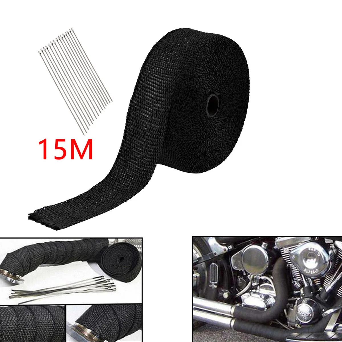 15 mm * 50 mm * 15 m Auspuff-Wärmewickelrolle für Motorrad, Glasfaser-Hitzeschildband mit 10 Stück 30 cm Edelstahlbändern (schwarz)