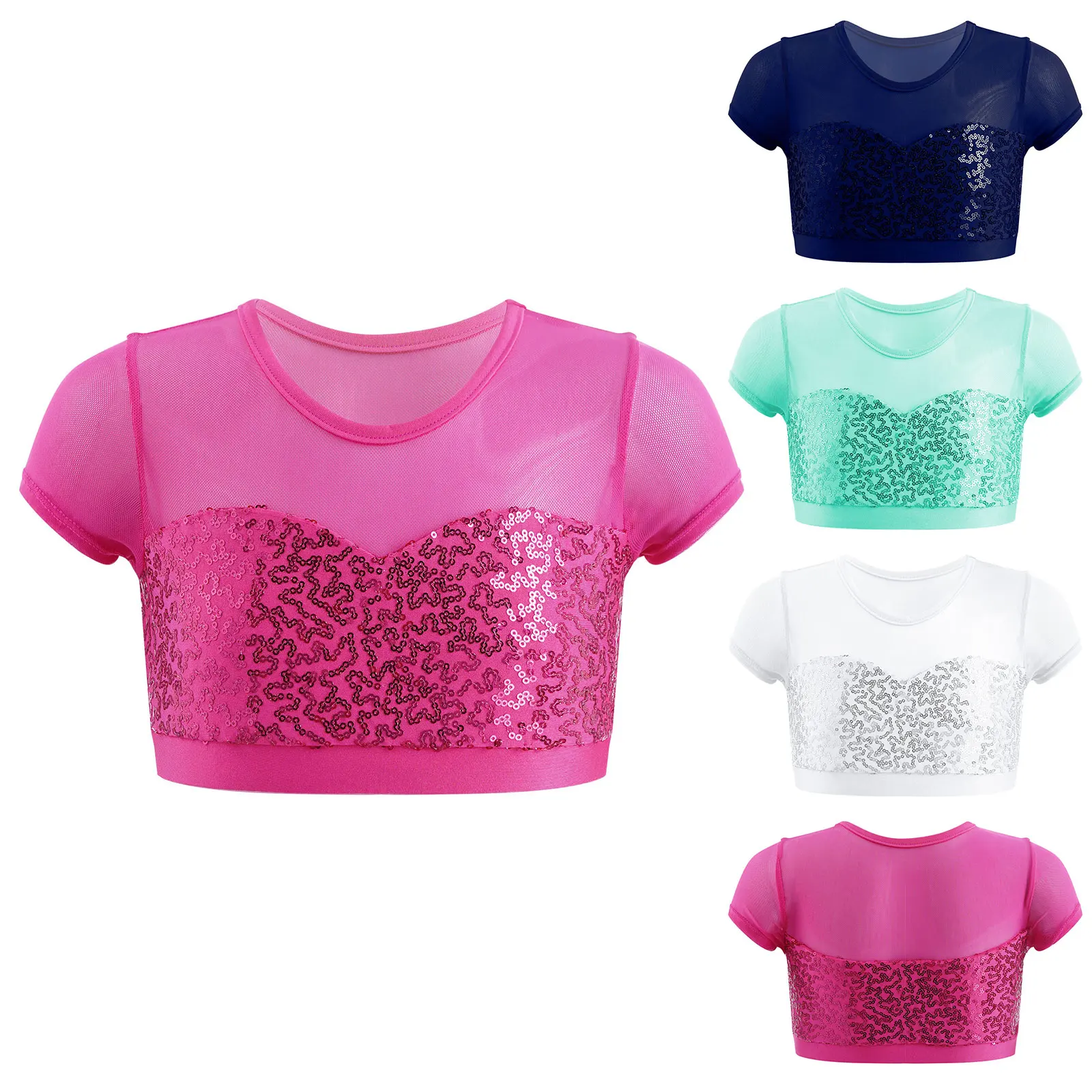 Kids Girls Dance Crop Top Mesh Short Sleeve Shiny Sequins Ballet Tops For Jazz Dancing Stage Performance Gymnastics Costume