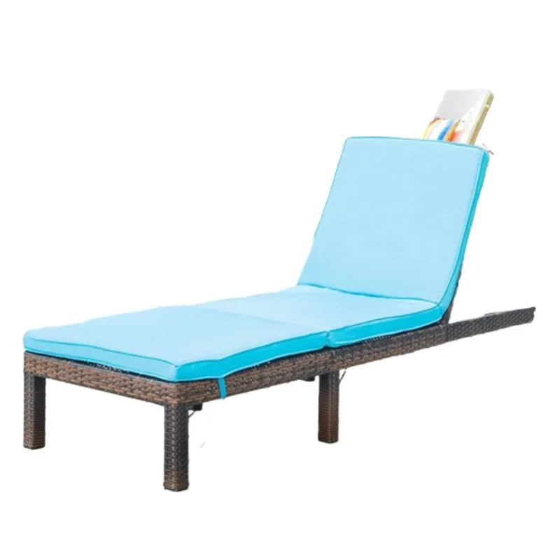 

Outdoor rattan lounge chair chaise longue blue cushion
