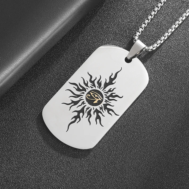 Stainless Steel Engraved Sun Wheel Eye of Horus Square Pendant Necklace for Men and Women Fashion Punk Style Lucky Jewelry