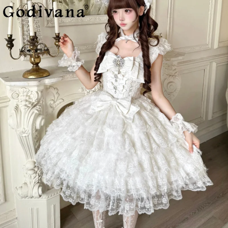 Lolita Fashion Versatile Age Reduction Bow Slash Neck Jsk Suspender Dress Sweet Girl Elegant Lace Romantic Fairy Party Dresses