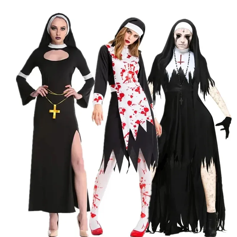 

S-3XL Halloween Costume for Women Nun Costume Cosplay Costumes Vampire Demon Costume Cross Print Long Dress Party Costume