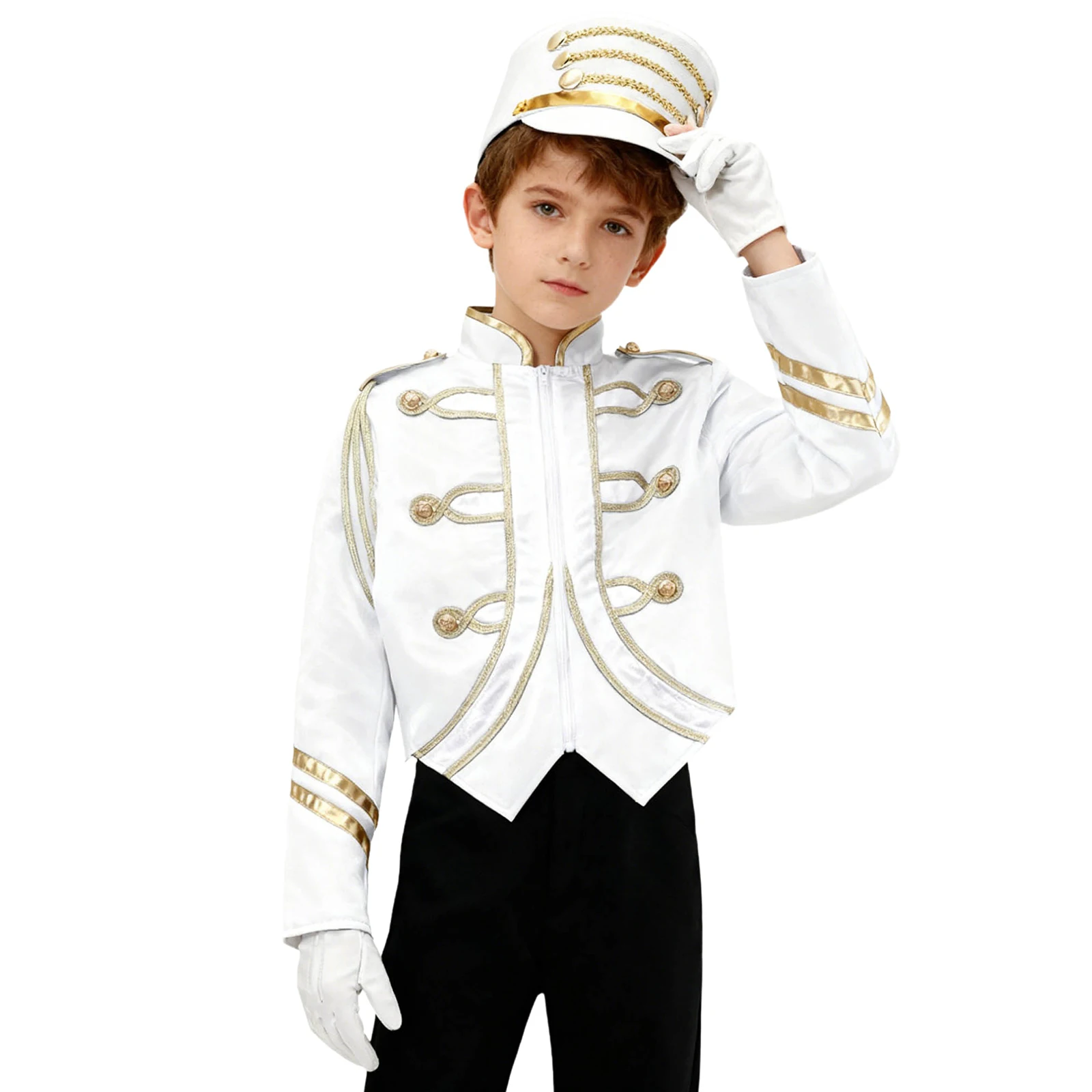 Kids Boys Trumpet Honor Guard Team Uniform Long Sleeve Zip Up Contrast Color Trim Jacket with Hat Gloves Marching Band Outfit