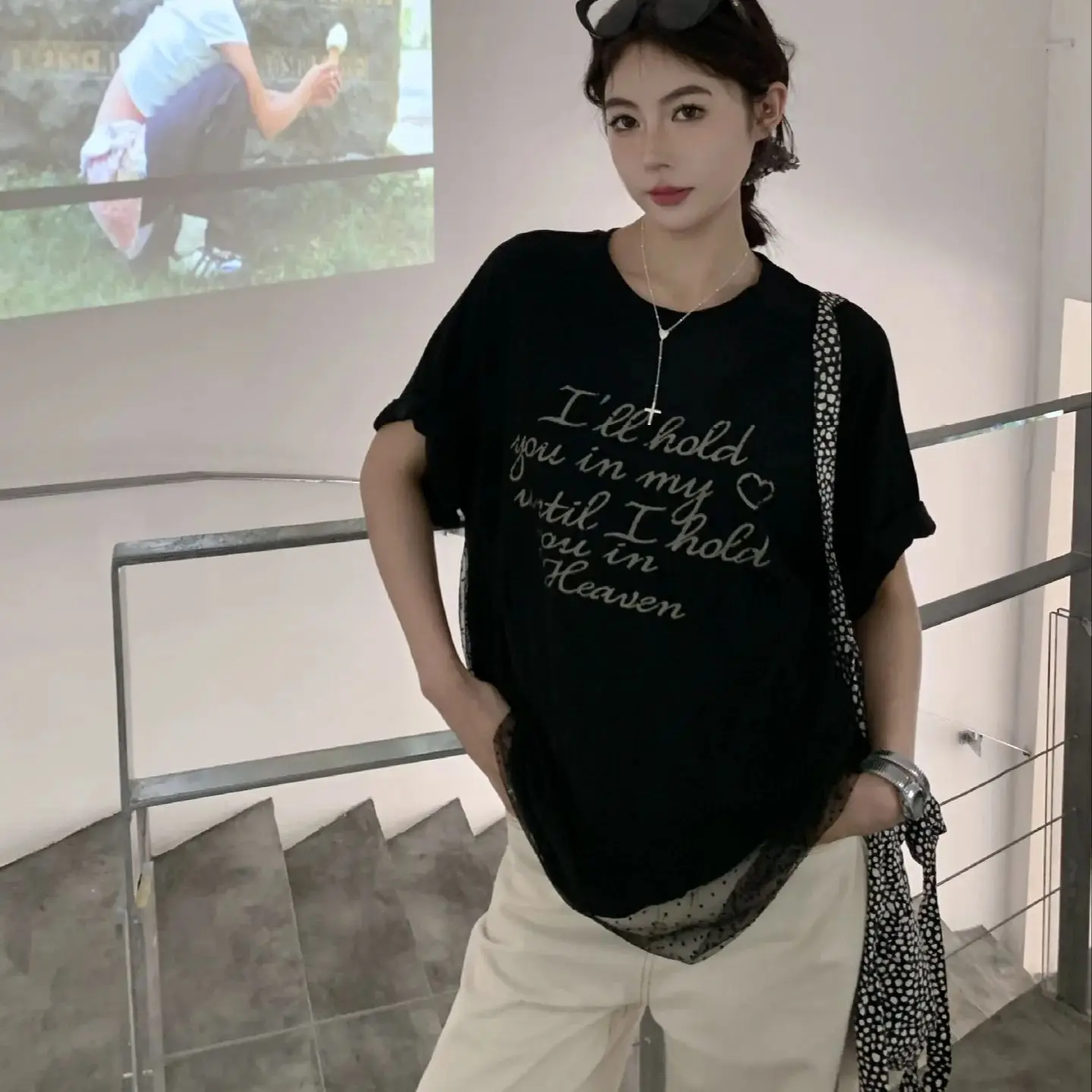 2024 2 pcs Gauze Tee Shirt summer new Korean style loose lazy letter printing mesh all-match short-sleeved T-shirt for women