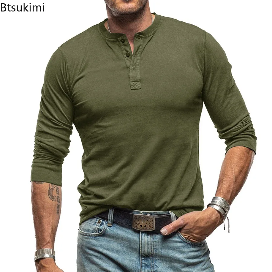

New 2025 Fashion 100% Cotton Shirt Men's Long Sleeved T-shirt Casual Soft Base Shirt Placket Front Button Solid Color Pullover
