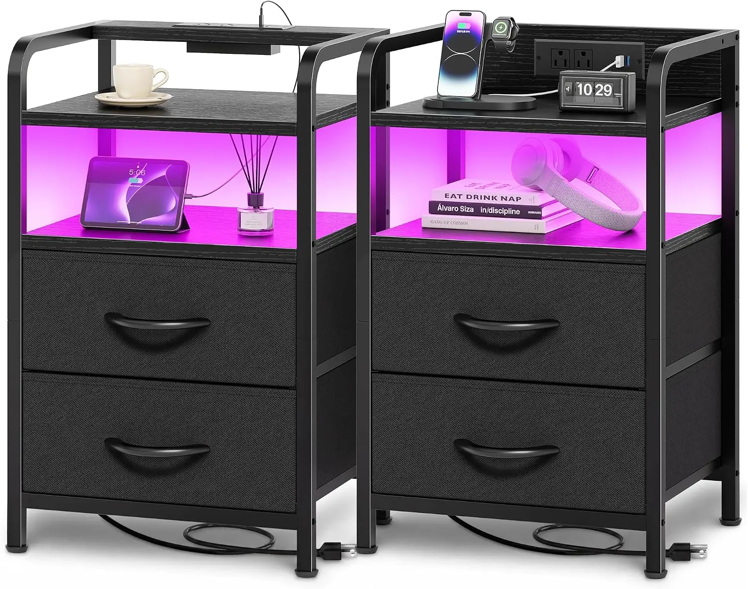 Set of 2 Nightstands with LED Lights and Charging Station, Two Night Stands