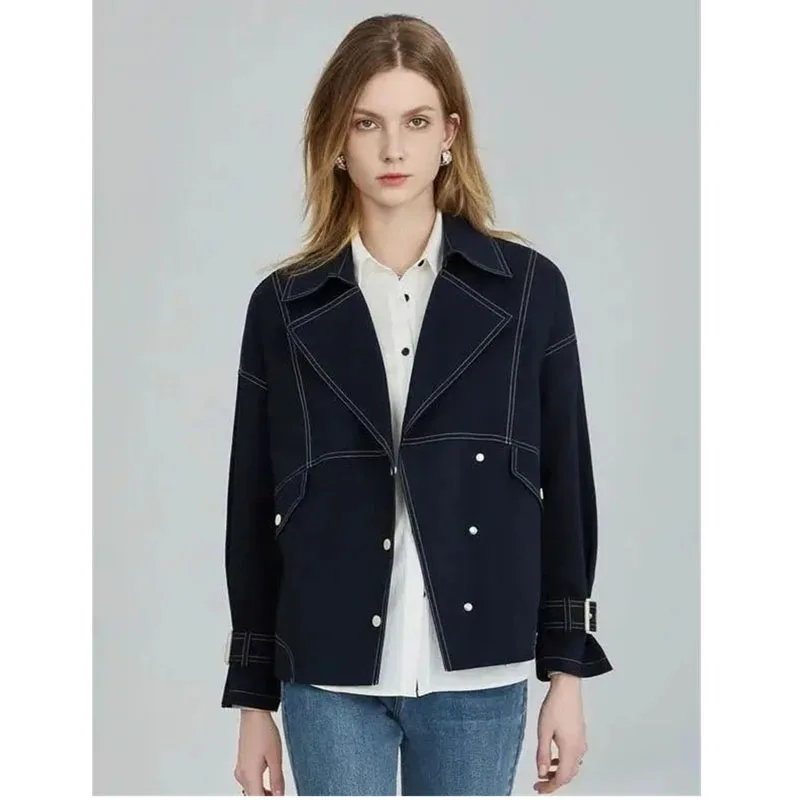 2023 Spring Autumn Jacket Fashion Trench Coat Female Design Sense Temperament Fashion Loose Casual Coat Navy Top Short Outwear