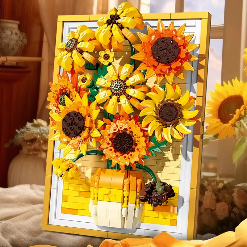 

Building block flower sunflower three-dimensional mural creative retro photo frame hanging painting DIY assembly home decoration