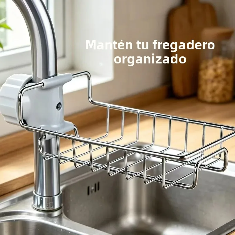 Stainless Steel Faucet Sink Caddy, Adjustable Sponge Holder Drain Rack, Over Tap Kitchen Organizer For Soap Brush Dishcloth