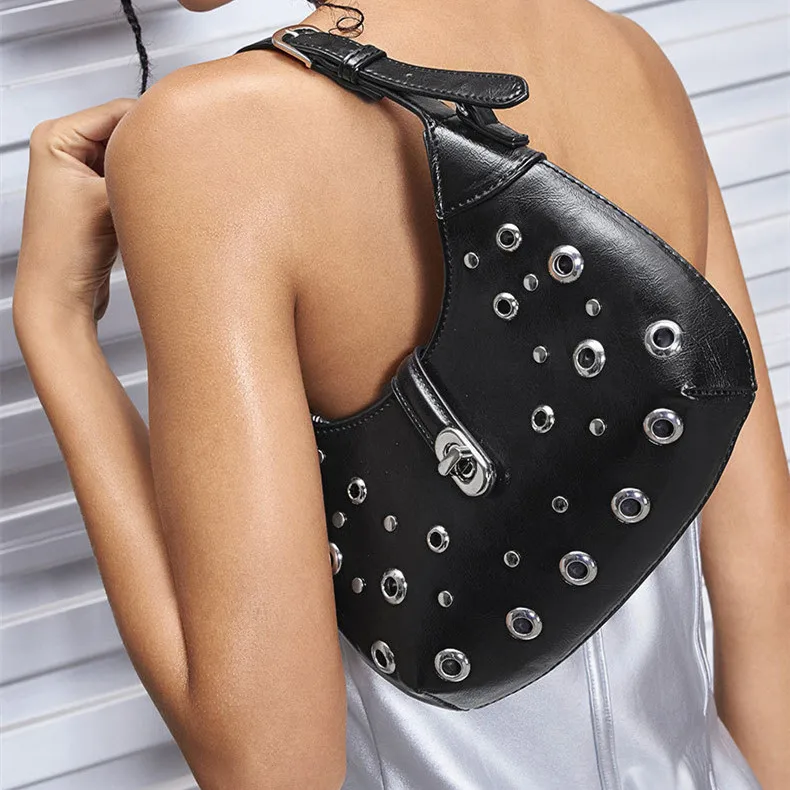 Women Fashion Shoulder Bag Gothic Ladies Underarm Bags Cool Style Trendy Rock Girls Handbag Y2K Rivet Pleated Saddle Bag