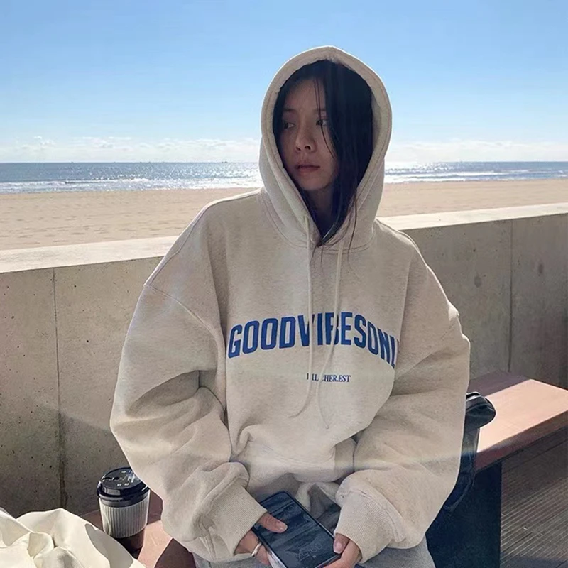 Sudaderas con capucha con estampado de letras para mujer, Camisa con capucha suelta Vintage, sudadera de calle Grunge, ropa Y2k, jerséis cálidos de