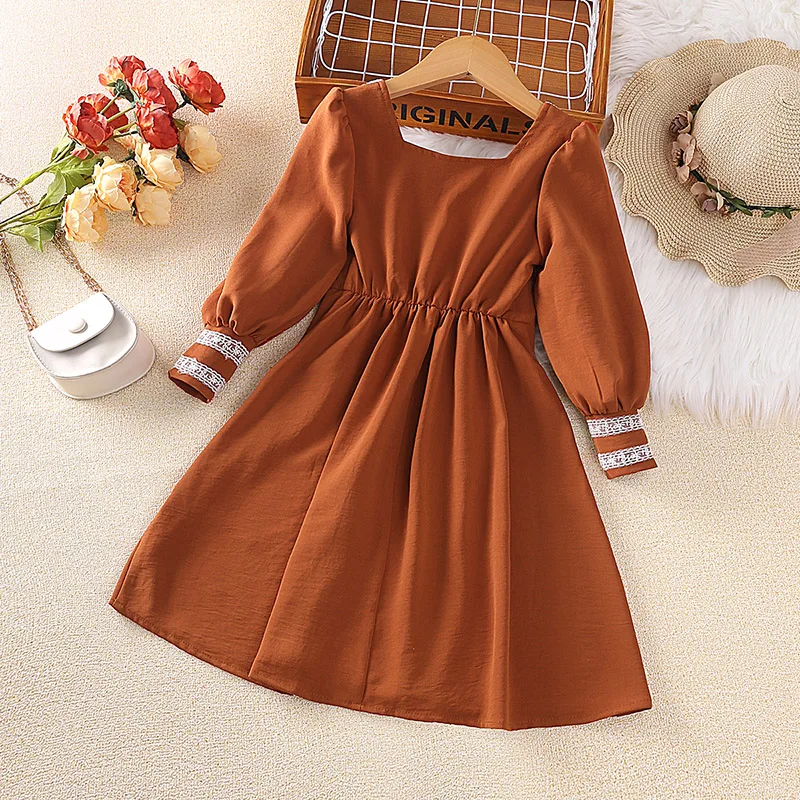 Dress Kids Girls 8-12 Years Brown Square Collar Long-Sleeved Dress For Girls Elegant Vacation Holiday Party Dress