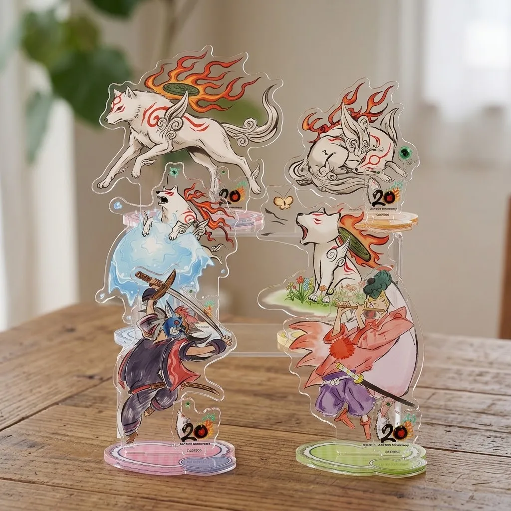 Okami Amaterasu Chibiterasu Waka 20th Anniversary Acrylic Stand Keychain Desk Decor Display Kit Set Pack Gift Cute Anime Fans