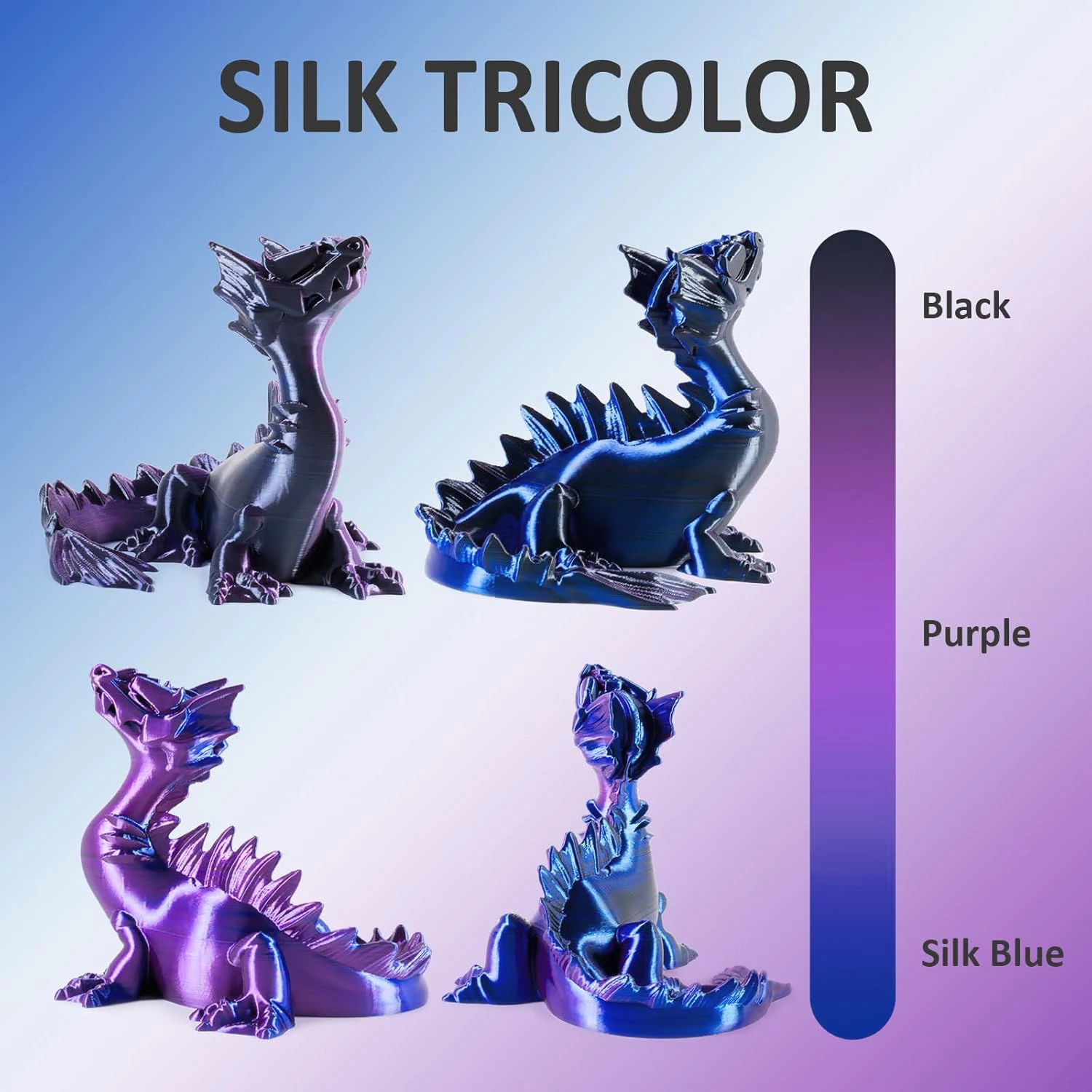 Silk Tricolor PLA 3D Printer Filament, 1.75mm Multicolor 3D Printing Filament, Blue Purple Black Filament, 250g (0.55lbs)