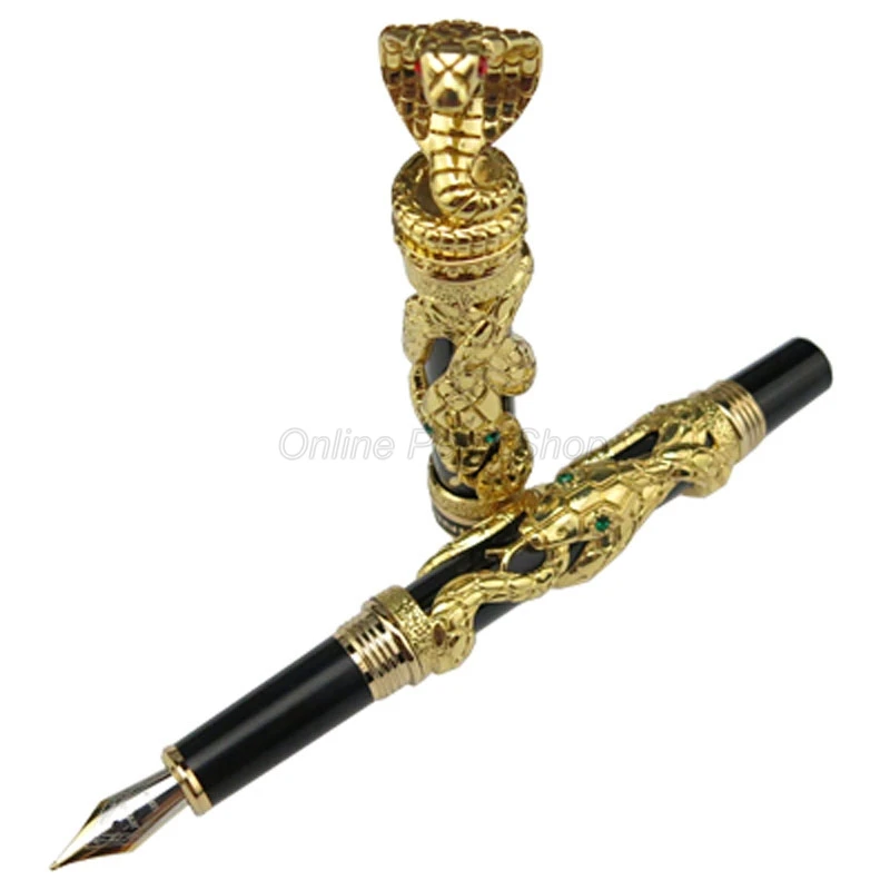 Jinhao Ancient Golden 3D Snake Cobra Texture Relief Sculpture Medium Nib Fountain Pen Gold Trim Professional Office Stationery