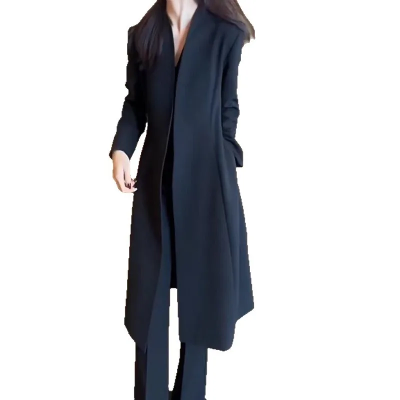 2026 Fashion Largesize Black Trench Coat Women's X-long Windbreaker Spring Autumn V-neck Loose Lady Sashes Outerwear 100kg Wear