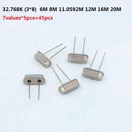 7values*5pcs=45pcs Crystal Kit Oscillator Passive 32.768K (3*8)  6M 8M 11.0592M 12M 16M 20M Mhz Assorted Kit Set MHZ HC-49S DIP