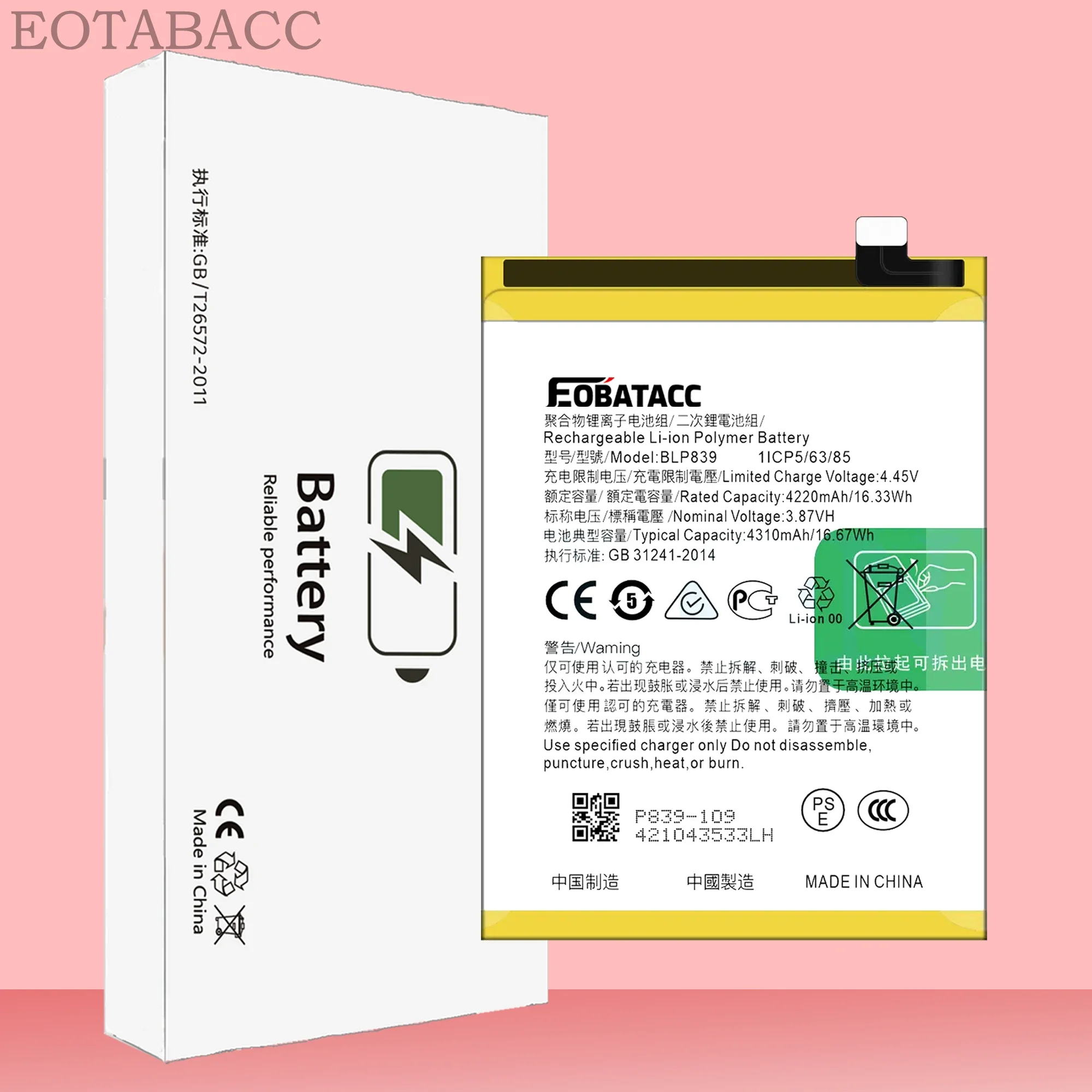 EOTABACC 100% New Original Battery BLP839 For OPPO A95 5G /A94 5G/RENO 5Z 5G/RENO 6Z Battery + Free Tools