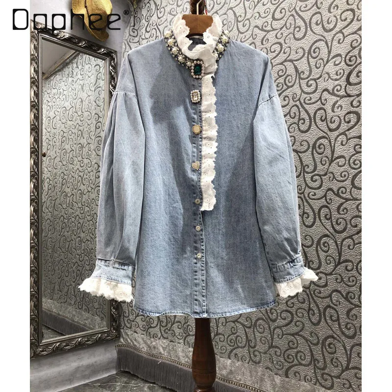 

Heavy Industry Beading Lace Denim Shirt Women 2025 Spring New Loose Stand Collar Long Sleeve Blouse Elegant Ladies Tops