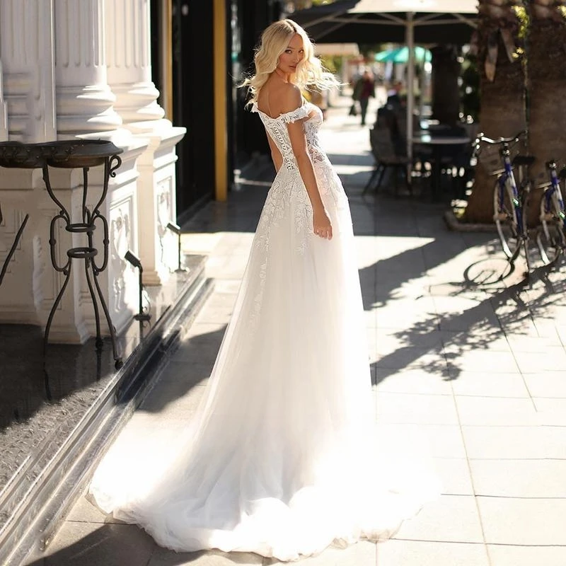 Robe De mariée trapèze élégante, épaules dénudées, en Tulle, avec des Appliques, personnalisée aux mesures, superbe