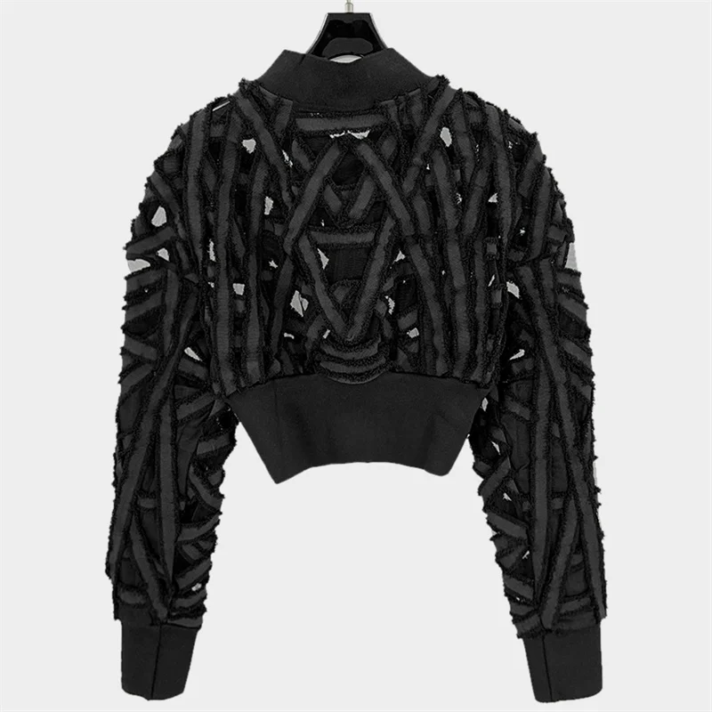 Women's jacket New Irregular Knitted Women's Long Sleeve Top for Spring 2025 Baseball collar slim fit hollowed out pilot jacket