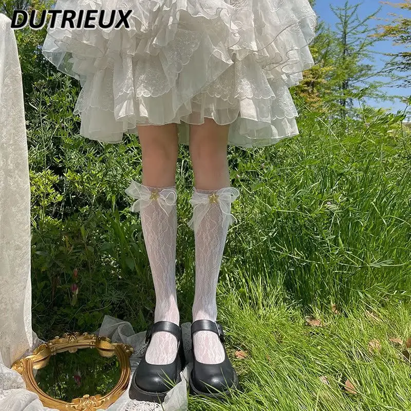 French Style Romantic Yarn Bow Lace Tube Socks Lolita Student Soft Girl All-Matching Bunching Socks Female Kawaii Stocking