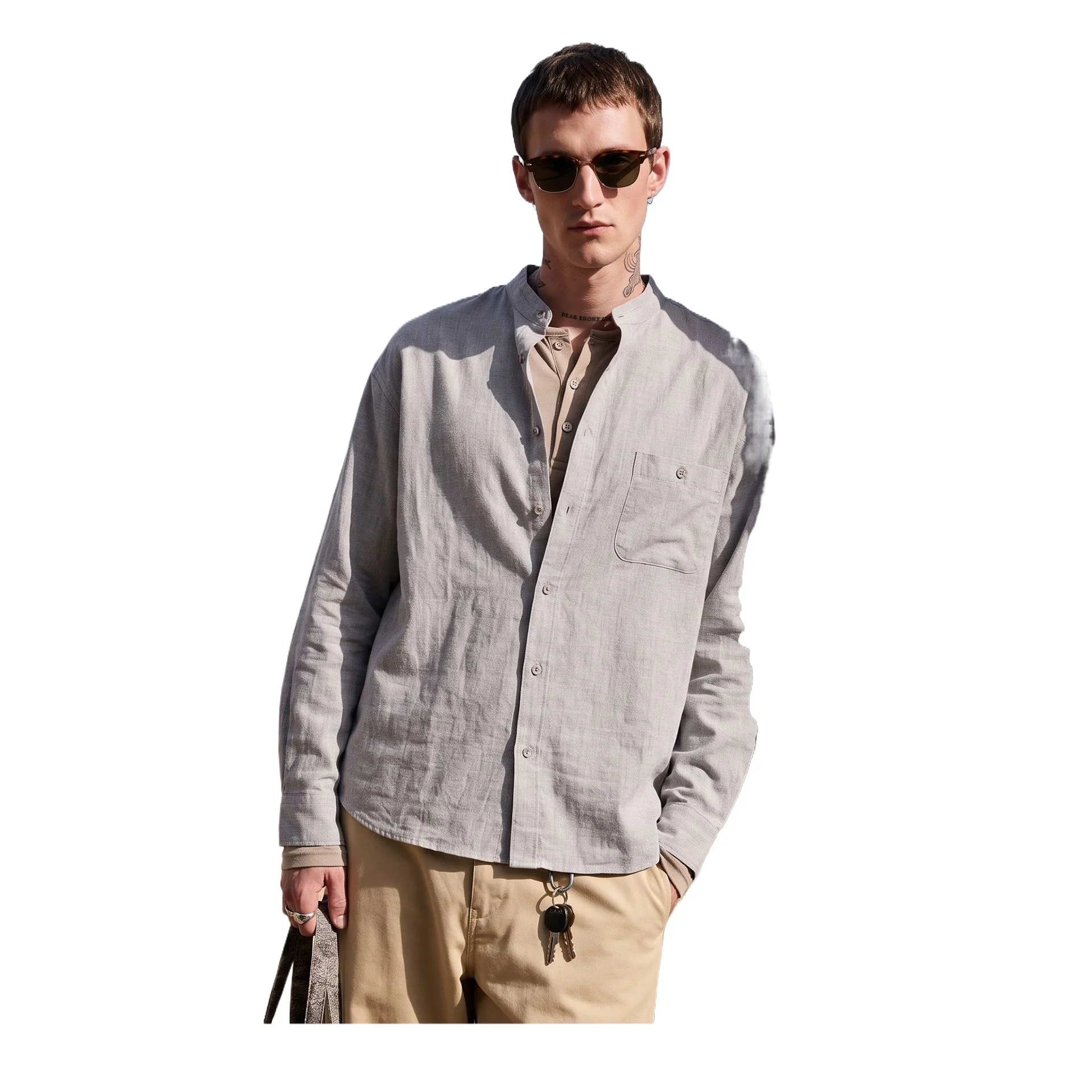 Mandarin Collar Linen Textured Long Sleeve Casual Shirt New Arrival Old Money Style Patch Pocket Outerwear Couple Matching