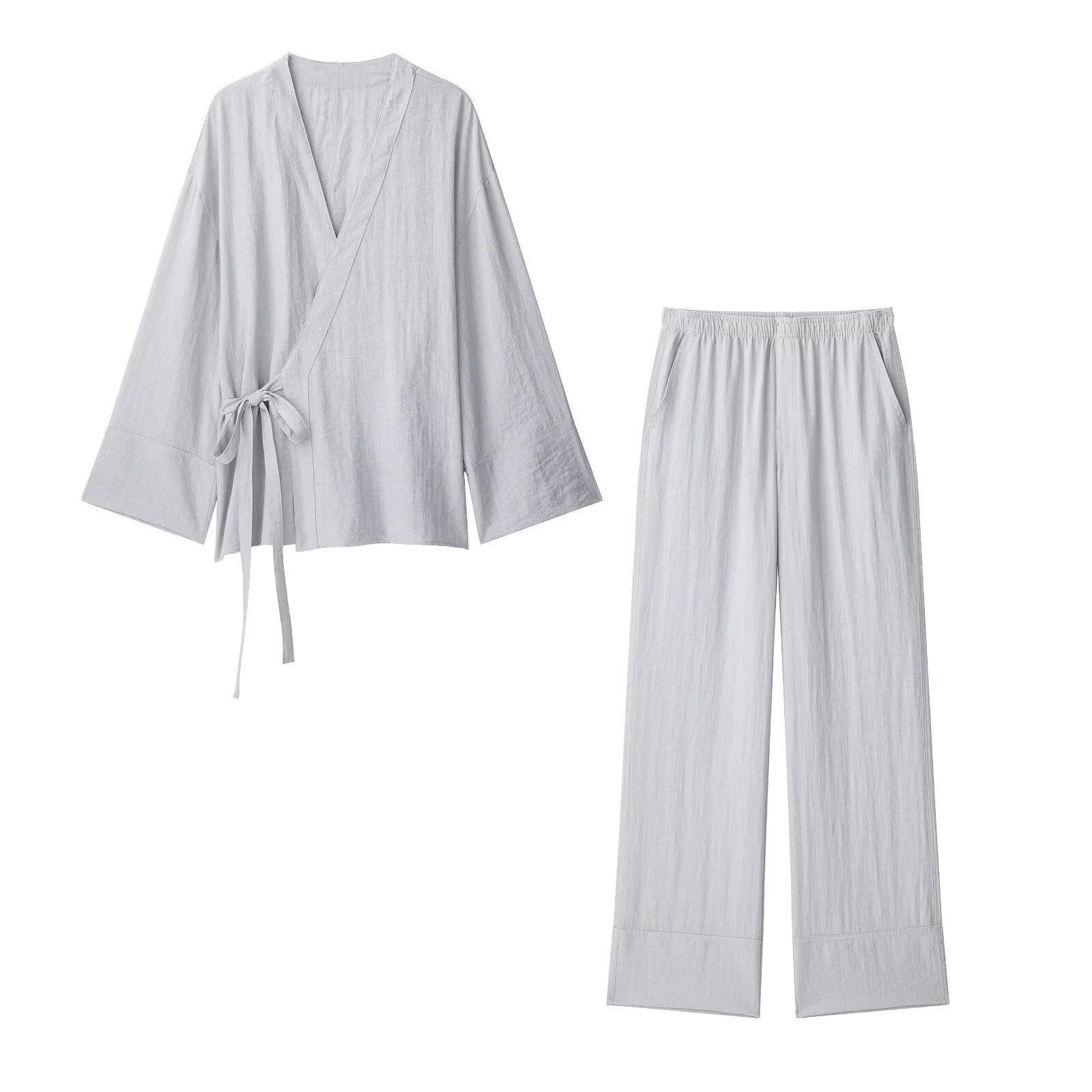 

PB&ZA2025 new summer women's casual fashion simple loose bow-decorated V-neck coat top + elastic waist wide-leg trousers