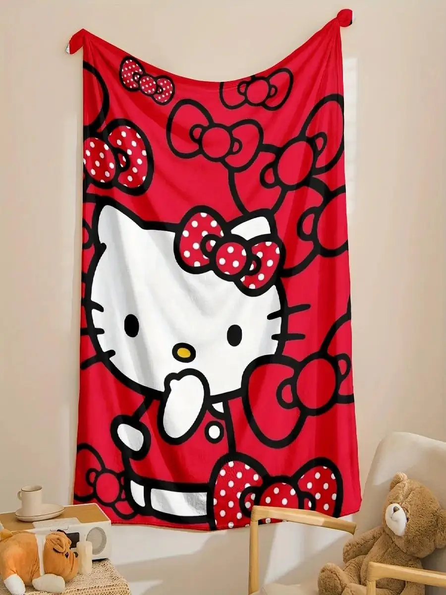 PC Hello Kitty Red Blanket with Bow Patterns Multipurpose for Living Room Bedroom Camping Travel