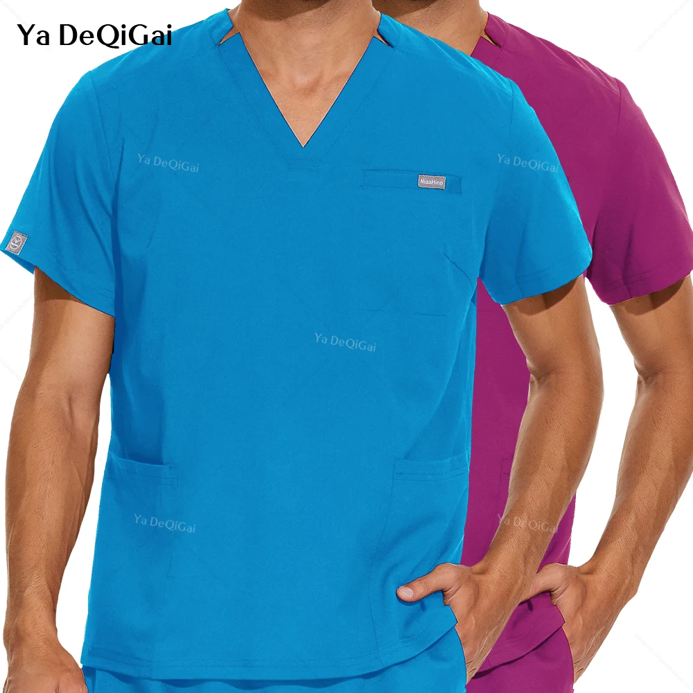 Mulheres e Homens de Manga Curta Médica Scrubs Tops, Hospital Enfermagem Workwear, Camisa Cirúrgica, V-Neck Bolsos Uniformes, Blusa, Novo