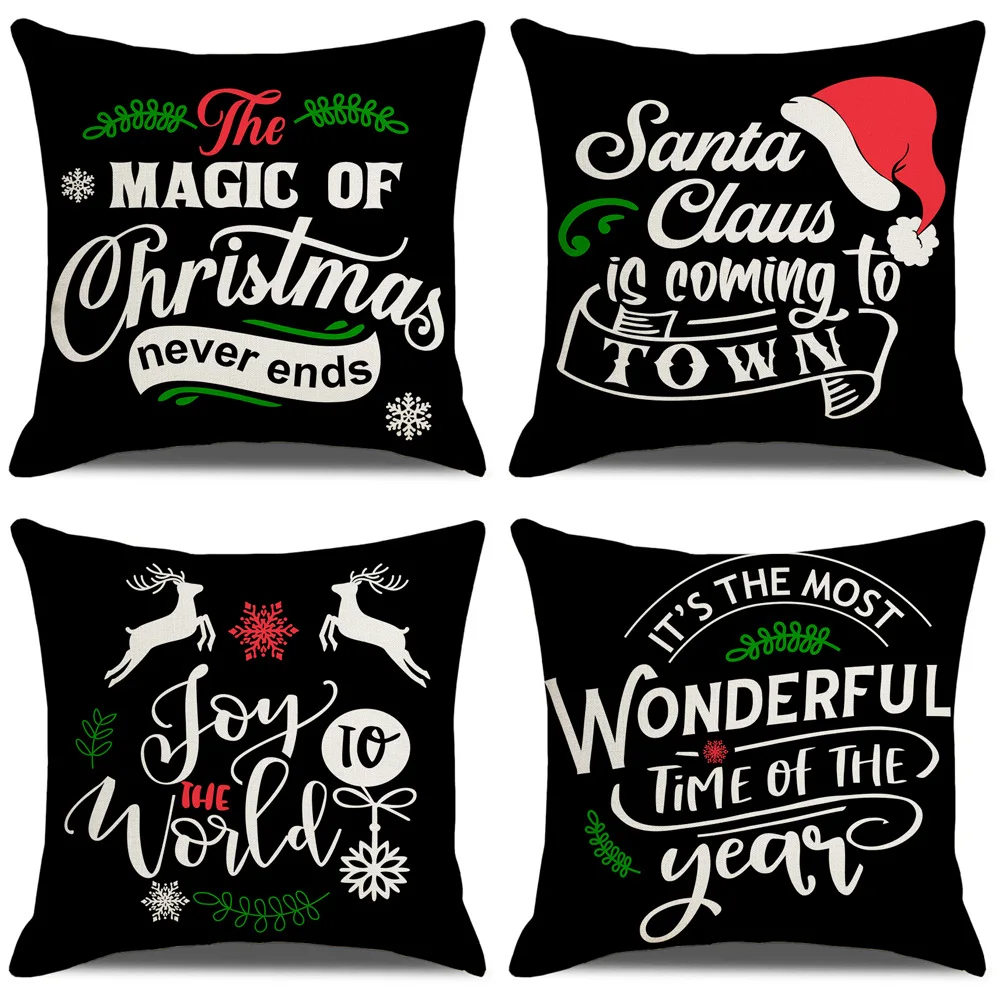 

Xmas Cushion Cover Christmas Themed Letter Pattern Black Pillowcase Bedroom Home Decor Linen Pillow Cover наволочки декоративные