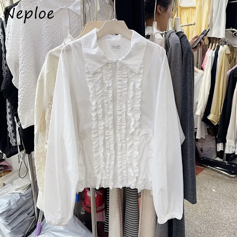 Neploe French Fungus Edge Splicing Zipper Loose Shirts Femme 2024 Autumn Chic Sweet Gentle Long Sleeve Lapel Collar Blouses